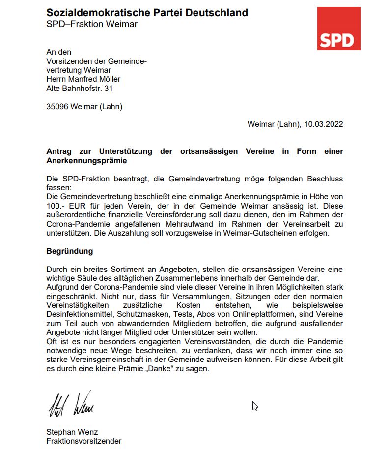 SPD Antrag zur Untersttzung der ortsansssigen Vereine in Form einer Anerkennungsprmie